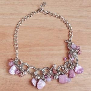 Abalone Dyed Pink Shell Dangle Beaded Silver Tone Necklace Bohemian Beachy